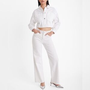 Express White High Waisted Raw Hem Wide Leg Jeans